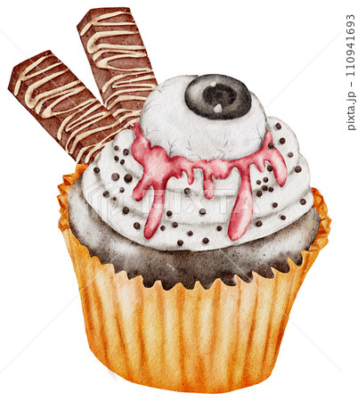 Halloween cupcake hand paint watercolor  110941693