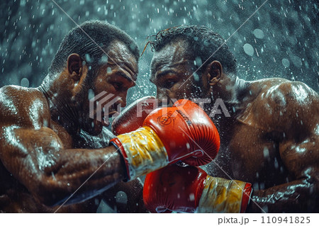 Someone who is sweating and boxing with their fists. 110941825