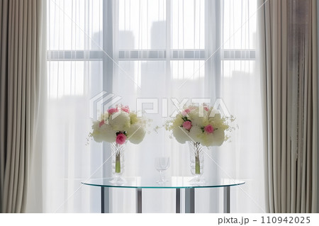 AI-generated content. Beautiful flowers on table in wedding day. Neural network AI generated art 110942025