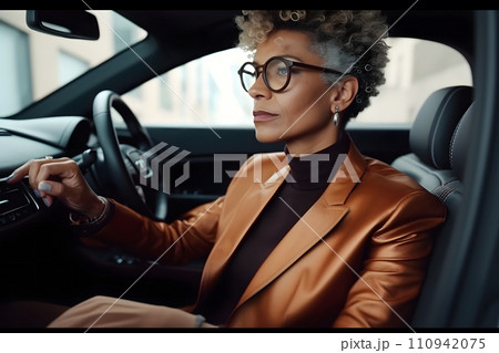 AI-generated content. Stylish woman in her luxury car. Neural network AI generated art 110942075