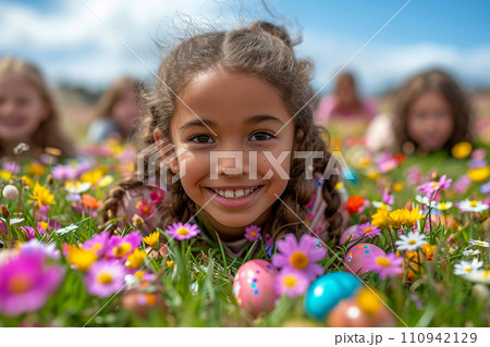An adorable child and egg smiling broadly on Easter An adorable child and egg smiling broadly on Easter 110942129