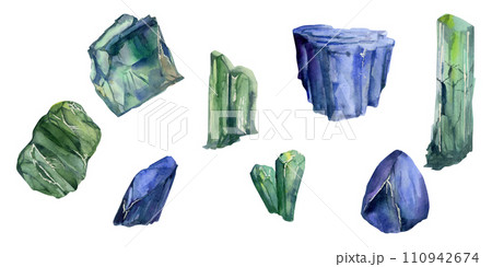 Hand drawn watercolor illustration precious semiprecious jewel gem crystal chakra birth stone. Sapphire emerald. Set of objects isolated on white background. Design poster, shop, jewelry, fashion Hand drawn watercolor illustration precious semiprecious jewel gem crystal chakra birth stone. Sapphire emerald. Set of objects isolated on white background. Design poster, shop, jewelry, fashion 110942674