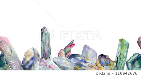 Hand drawn watercolor illustration precious semiprecious jewel gem crystal chakra birth stone. Tourmaline emerald. Seamless border isolated on white background. Design print, shop, jewelry, fashion Hand drawn watercolor illustration precious semiprecious jewel gem crystal chakra birth stone. Tourmaline emerald. Seamless border isolated on white background. Design print, shop, jewelry, fashion 110942676