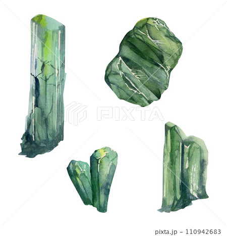 Hand drawn watercolor illustration precious semiprecious jewel gem crystal chakra birth stone. Emerald olivine green. Set of objects isolated on white background. Design print, shop, jewelry, fashion Hand drawn watercolor illustration precious semiprecious jewel gem crystal chakra birth stone. Emerald olivine green. Set of objects isolated on white background. Design print, shop, jewelry, fashion 110942683