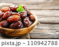 sweet red and black olives on wooden table 110942788