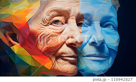 AI-generated content. portrait of an elderly woman, multi-colored paints. Neural network AI generated art AI-generated content. portrait of an elderly woman, multi-colored paints. Neural network AI generated art 110942827