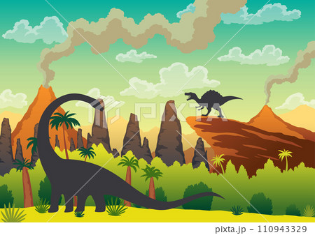 Prehistoric landscape - volcano with smoke, mountains, dinosaurs and green vegetation. Vector illustration of beautiful prehistoric landscape and dinosaurs Prehistoric landscape - volcano with smoke, mountains, dinosaurs and green vegetation. Vector illustration of beautiful prehistoric landscape and dinosaurs 110943329
