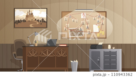 Detective office interior. Crime and criminal evidence. Wall board, wits and deduction system. Vector flat style cartoon illustration isolated on white background Detective office interior. Crime and criminal evidence. Wall board, wits and deduction system. Vector flat style cartoon illustration isolated on white background 110943362