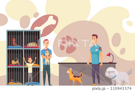 Animal shelter homeless pets, adoption banner layout. Finding new house for pet and homeless domestic animals care. Colorful vector illustration in flat cartoon style 110943374