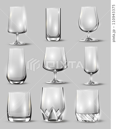 Alcohol glasses set. Transparent empty realistic mockup stemware for different drinks. Vector illustration 110943375