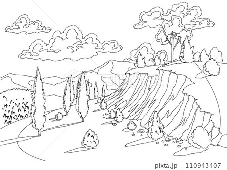 Summer landscape with hills, sky, meadow and mountains in coloring style. Cartoon countryside vector wallpaper in minimal style design Summer landscape with hills, sky, meadow and mountains in coloring style. Cartoon countryside vector wallpaper in minimal style design 110943407