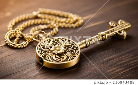 The image of a gold key is often associated with wealth, power, and access. The floral design on the key could be seen as a symbol of beauty, nature, or fertility. 110943488