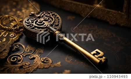 The image of a gold key is often associated with wealth, power, and access. The floral design on the key could be seen as a symbol of beauty, nature, or fertility. The image of a gold key is often associated with wealth, power, and access. The floral design on the key could be seen as a symbol of beauty, nature, or fertility. 110943493