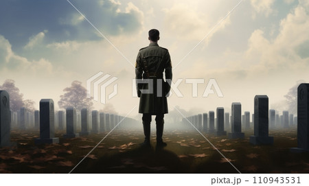 AI-generated content. Soldier at the cemetery. Memorial Day. Neural network AI generated art 110943531