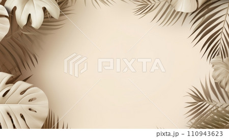 AI-generated content. Beige pastel background with monstera leaves. Neural network AI generated art 110943623