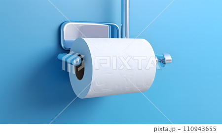AI-generated content. A white roll of soft toilet paper neatly hanging on a modern chrome holder on a light blue bathroom wall. Neural network AI generated art 110943655