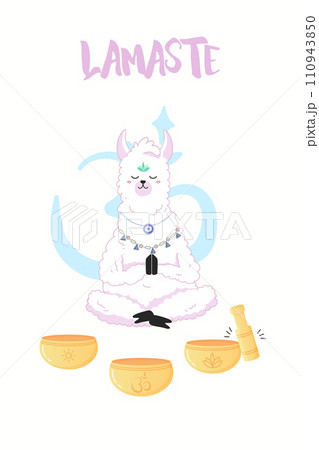 Lamaste, cute llama meditating, print for your t-shirt print design, yoga studio, notepad Lamaste, cute llama meditating, print for your t-shirt print design, yoga studio, notepad 110943850