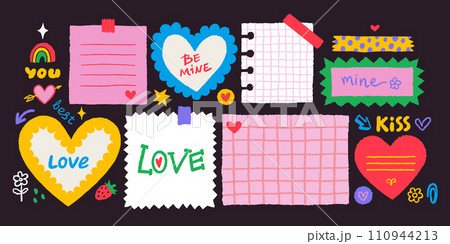 Paper valentine memo notes on stickers. Vector vintage sticky notes and pages with torn edges 110944213