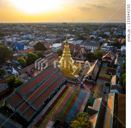 Aerial view of Wat Phra That Haripunchai Woramahawihan during Loy Krathong festival, in Lapmhun 110944250