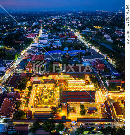 Aerial view of Wat Phra That Haripunchai Woramahawihan during Loy Krathong festival, in Lapmhun Aerial view of Wat Phra That Haripunchai Woramahawihan during Loy Krathong festival, in Lapmhun 110944264