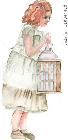 Girl with an animal. Watercolor illustration for cards, backgrounds,scrapbooking. Cartoon hand drawn background with flower for kids design .Perfect for wedding invitation. 110944420