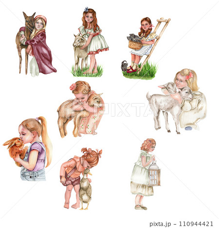 Girl with an animal. Watercolor illustration for cards, backgrounds,scrapbooking. Cartoon hand drawn background with flower for kids design .Perfect for wedding invitation. 110944421