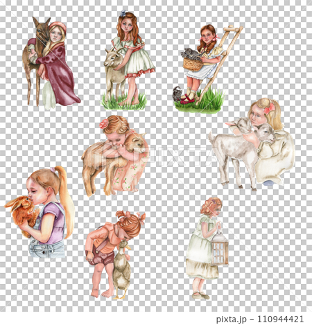 Girl with an animal. Watercolor illustration for cards, backgrounds,scrapbooking. Cartoon hand drawn background with flower for kids design .Perfect for wedding invitation. 110944421