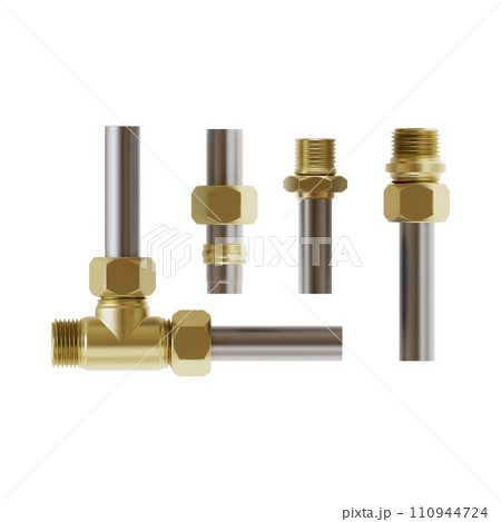 Realistic Detailed 3d Different Steel Metallic Pipes Set Valve and Parts Plumbing . Vector illustration of Elements for Repair Works Fastening and Replacement 110944724