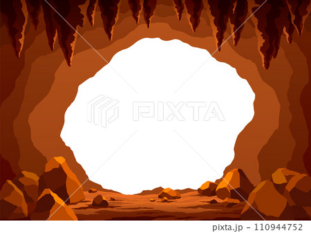 View from cave or tunnel vector frame in cartoon style. Cave landscape with place for text. Flat cartoon illustration with blank center 110944752