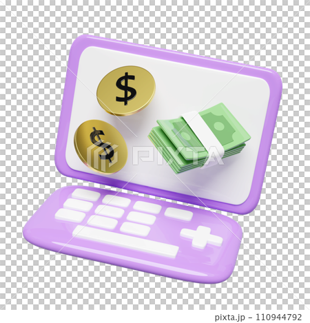 3d purple laptop computer monitor with coin dollar money, banknotes stack isolated. minimal concept, 3d render illustration 3d purple laptop computer monitor with coin dollar money, banknotes stack isolated. minimal concept, 3d render illustration 110944792