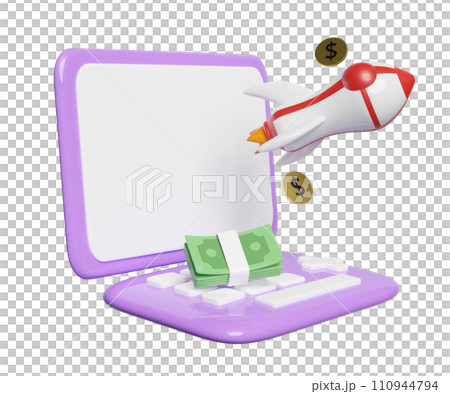 3d purple laptop computer monitor with rocket, coin dollar money, banknotes stack isolated. minimal concept, 3d render illustration 3d purple laptop computer monitor with rocket, coin dollar money, banknotes stack isolated. minimal concept, 3d render illustration 110944794