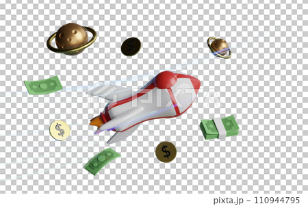 rocket with banknote stack, coin dollar money, stars. currency values soar like rockets in the sky. 3d render illustration rocket with banknote stack, coin dollar money, stars. currency values soar like rockets in the sky. 3d render illustration 110944795