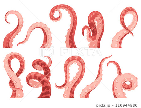 Octopus tentacles or sea squid icon set. Spooky marine monster arm on white background. Vector cartoon underwater animal 110944880