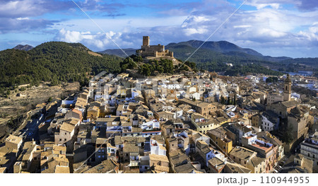 ancient Town Biar in Spain, Sierra de Mariola in the Vinalopo Valley in the province of Alicante . aerial drone panoramic view 110944955