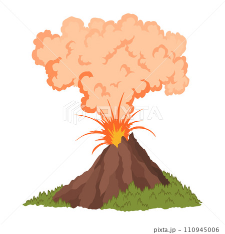 Volcano icon. Magma nature blowing up with smoke. An awakened vulcan activity fire and smoke element. Volcano eruption. Flat cartoon vector isolated illustration Volcano icon. Magma nature blowing up with smoke. An awakened vulcan activity fire and smoke element. Volcano eruption. Flat cartoon vector isolated illustration 110945006