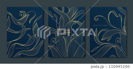 Vector set of art deco gold leaves background, copper luxury abstract design, line tropical illustrations. Use for invitations, banners, borders, package 110945200
