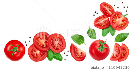 Tomato slices with basil and peppercorns isolated on white background. Top view with copy space for your text. Flat lay 110945230