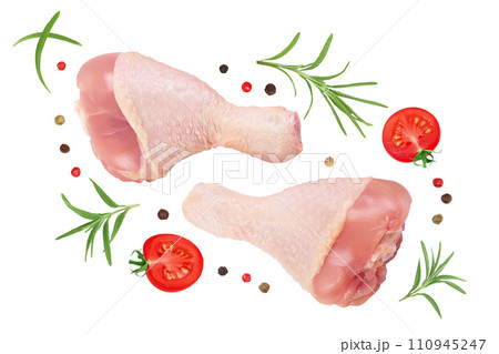 Raw chicken leg or drumstick isolated on white background with full depth of field. Top view. Flat lay 110945247
