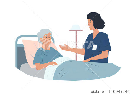ベッドで横になる入院患者と医師と看護師-1 110945346