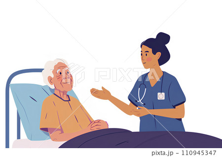 ベッドで横になる入院患者と医師と看護師-1 110945347
