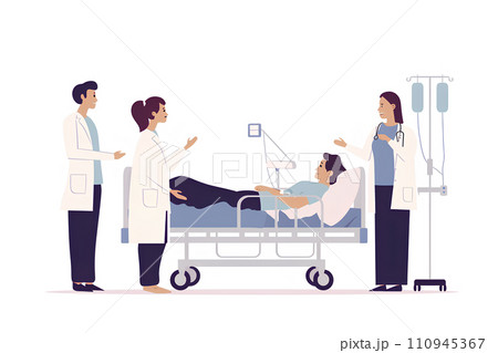 ベッドで横になる入院患者と医師と看護師-2 110945367