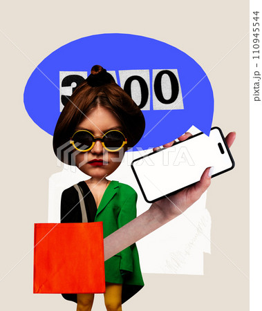Modern aesthetic artwork. Stylishly dressed woman with huge head holds phone with blank screen and shows number 3000 in speech bubble. Surrealistic collage. Modern aesthetic artwork. Stylishly dressed woman with huge head holds phone with blank screen and shows number 3000 in speech bubble. Surrealistic collage. 110945544