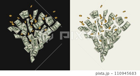 Money dollar composition like fountain, firework with pile of flying apart 100 dollar notes, banknotes, golden coins. Composition, design element in vintage style. 110945683