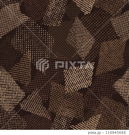 Seamless brown camouflage pattern with random scattered overlapping tulle pieces, patches. Mesh structure. Random composition. For apparel, fabric, textile, sport goods Grunge texture 110945688