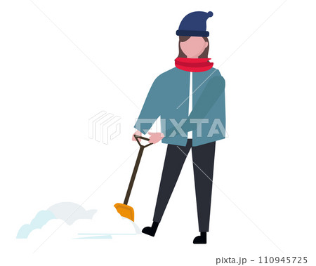 雪かきをする女性。大雪、除雪。ベクターイラスト	 110945725