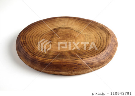 Round natural wood stand for displaying food or product isolated on white background 110945791