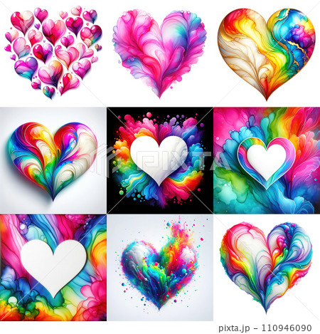 AI-generated content. A symbol of love exploding with vibrant rainbow colors. Abstract artwork shape of heart inspired by alcohol ink style. Colorful valentines day heart. Creative art for yours 110946090