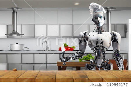 キッチンで料理しているシェフロボット 家政婦ロボット 生活 キッチンで料理しているシェフロボット 家政婦ロボット 生活 110946177