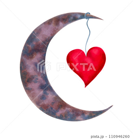 Celestial crescent moon element with heart for Valentine's Day, Mother's Day.Watercolor illustration. Sketch of the lunar phase cycle. Crescent for cards, stickers, badges. Hand drawn isolated art. 110946260