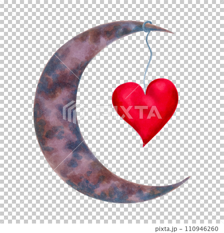 Celestial crescent moon element with heart for Valentine's Day, Mother's Day.Watercolor illustration. Sketch of the lunar phase cycle. Crescent for cards, stickers, badges. Hand drawn isolated art. 110946260